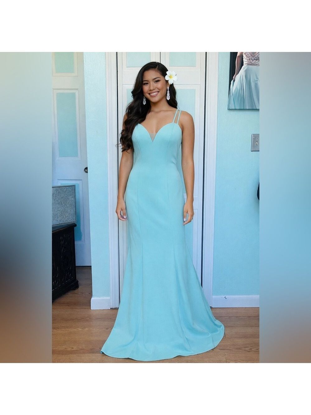 Size 6 stretch scuba gown dress prom cruise gala Aqua NEw with defects